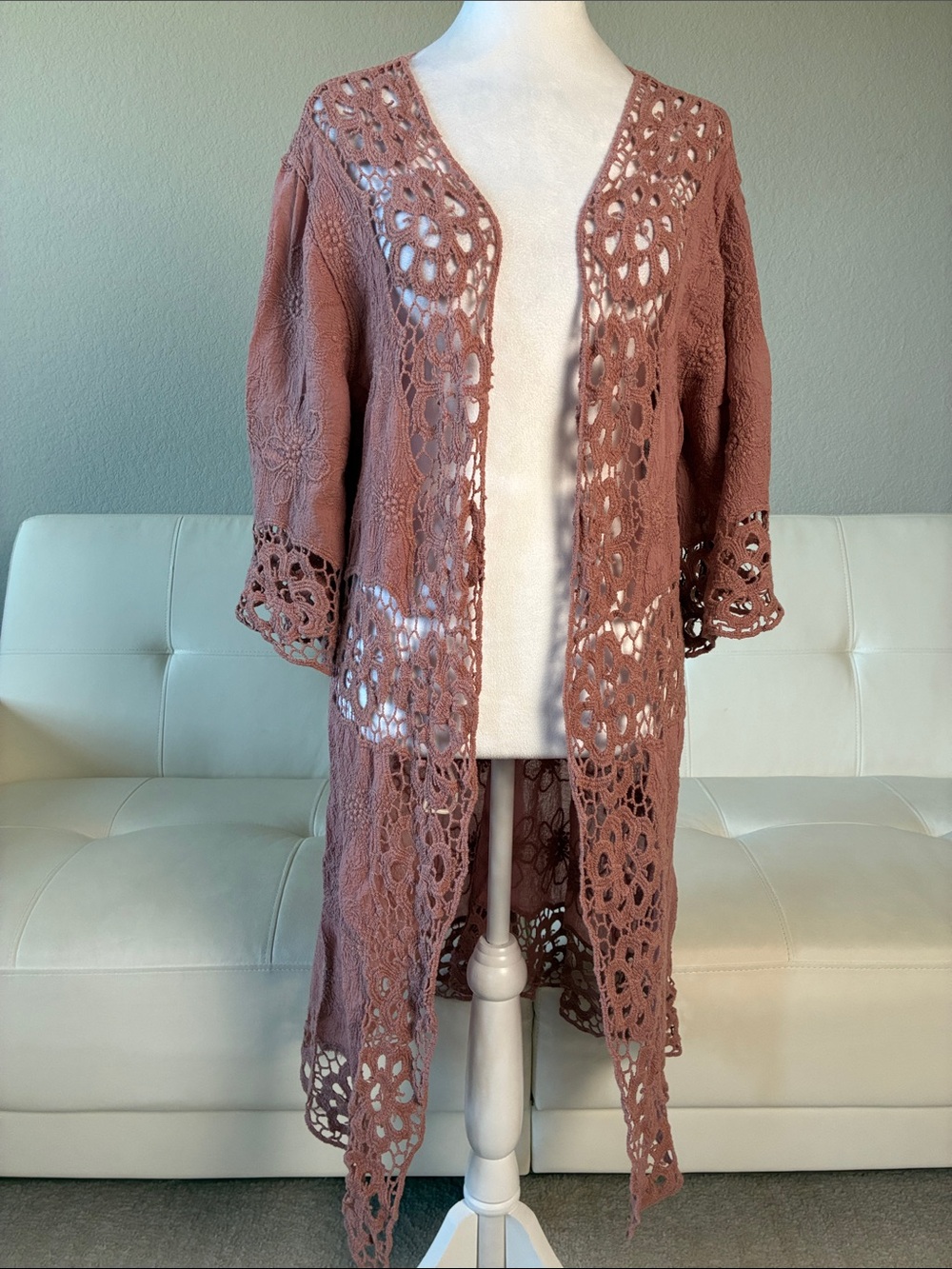 Openwork Crochet Bohemian Long Cardigan in Dusty Rose